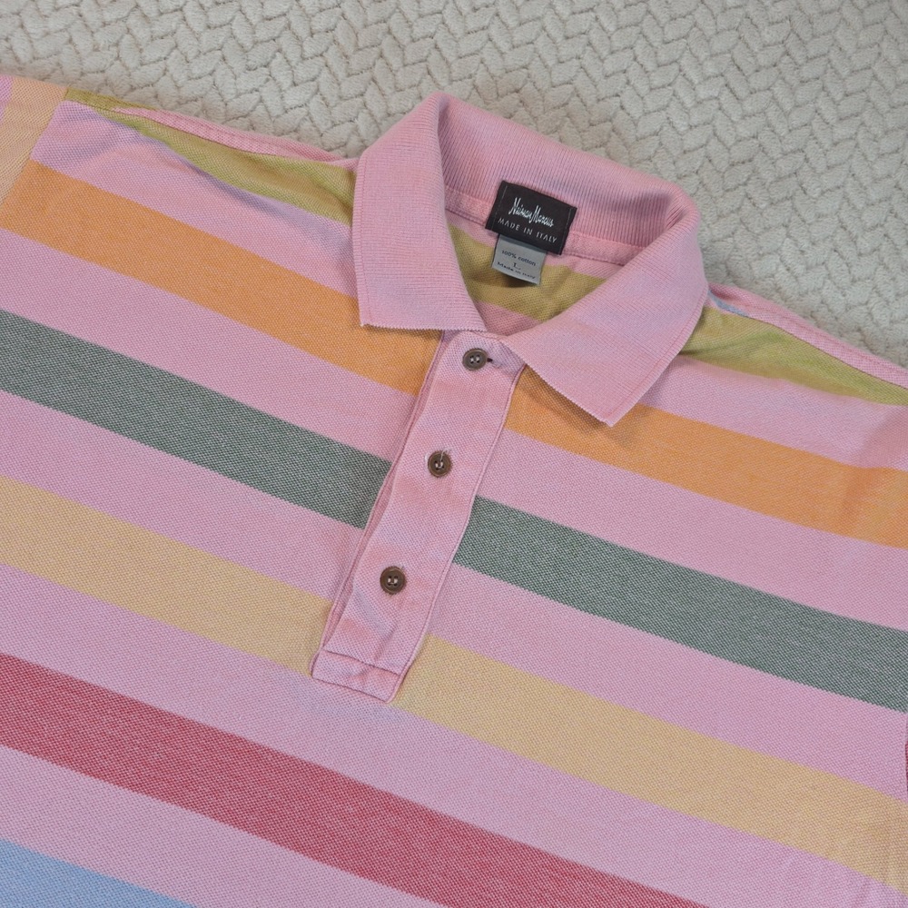 Neiman Marcus Mens Large Polo Shirt Made in Italy Pink Multi Stripe Cotton Pique